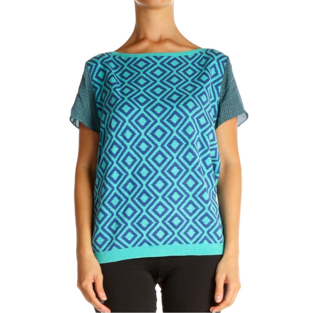 Ann Taylor Loft  Short Sleeve Sweater Geometric Diamond Print Aqua Blue Size XS